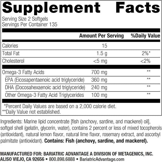 Bariatric Advantage Omega-3 300 Epa Dha Fish Oil Capsules, Concentrated Source Of Fatty Acids From Sustainably Sourced Cold Water Fish - Lemon Lime, 270 Softgels