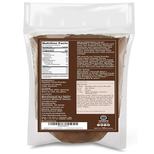 Healthworks Cacao Powder (16 Ounces / 1 Pound) | Cocoa Chocolate Substitute | Certified Organic | Sugar-Free, Keto, Vegan & Non-Gmo | Peruvian Bean/Nut Origin | Antioxidant Superfood
