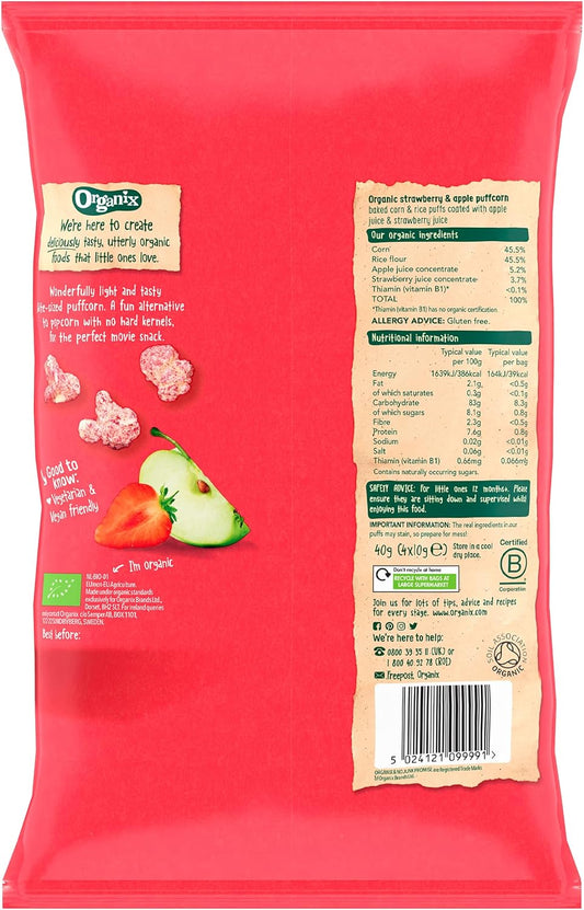 Organix Strawberry & Apple Puffcorn, Organic Toddler Snack, Finger Food, 12+ Months, Multipack, 4 X 10 G Bags Per Pack (3 Packs Total)