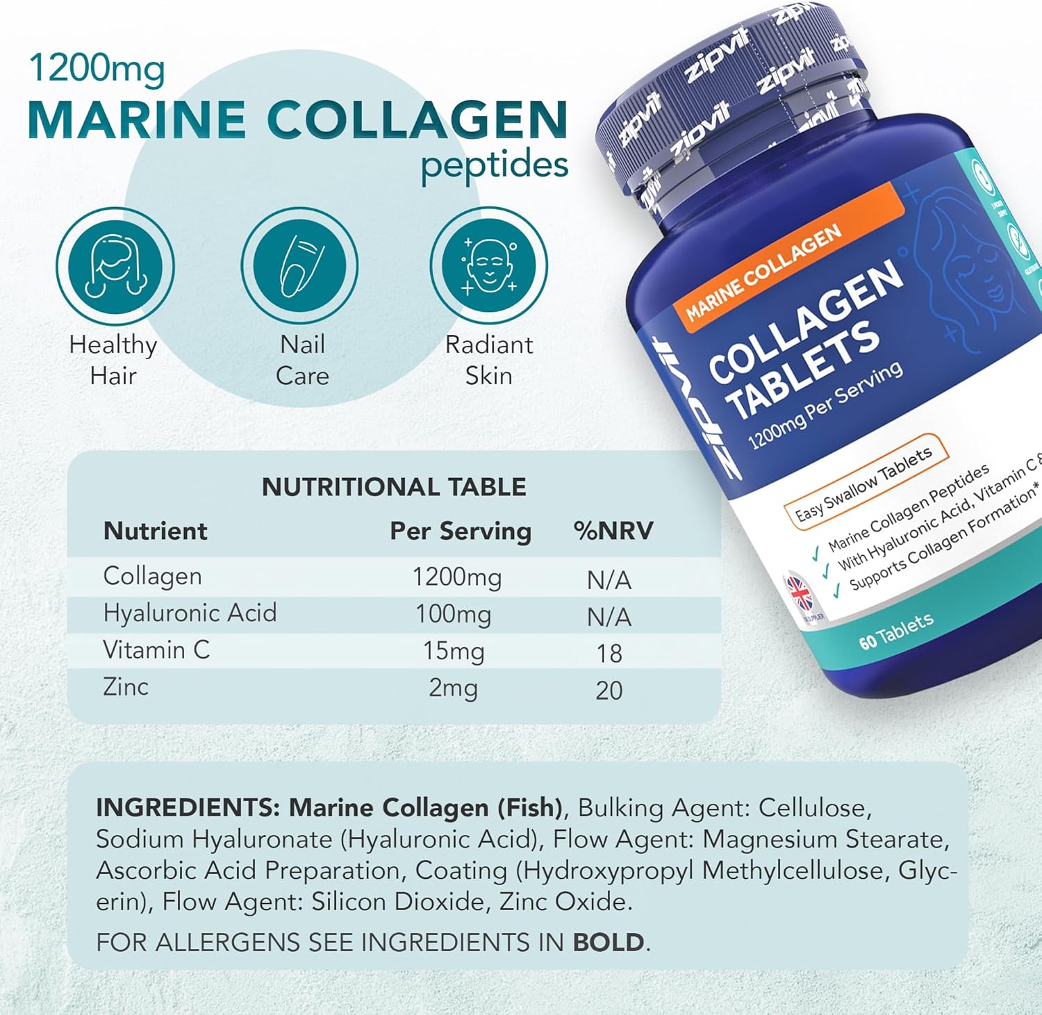 Zipvit Marine Collagen 1200mg Tablets with Hyaluronic Acid, Vitamin C, and Zinc. High Strength Type 1 Collagen for Men and Women, Supports Hair, Skin, and Nails, 60 Tablets, 1 Month Supply : Amazon.co.uk: Health & Personal Care