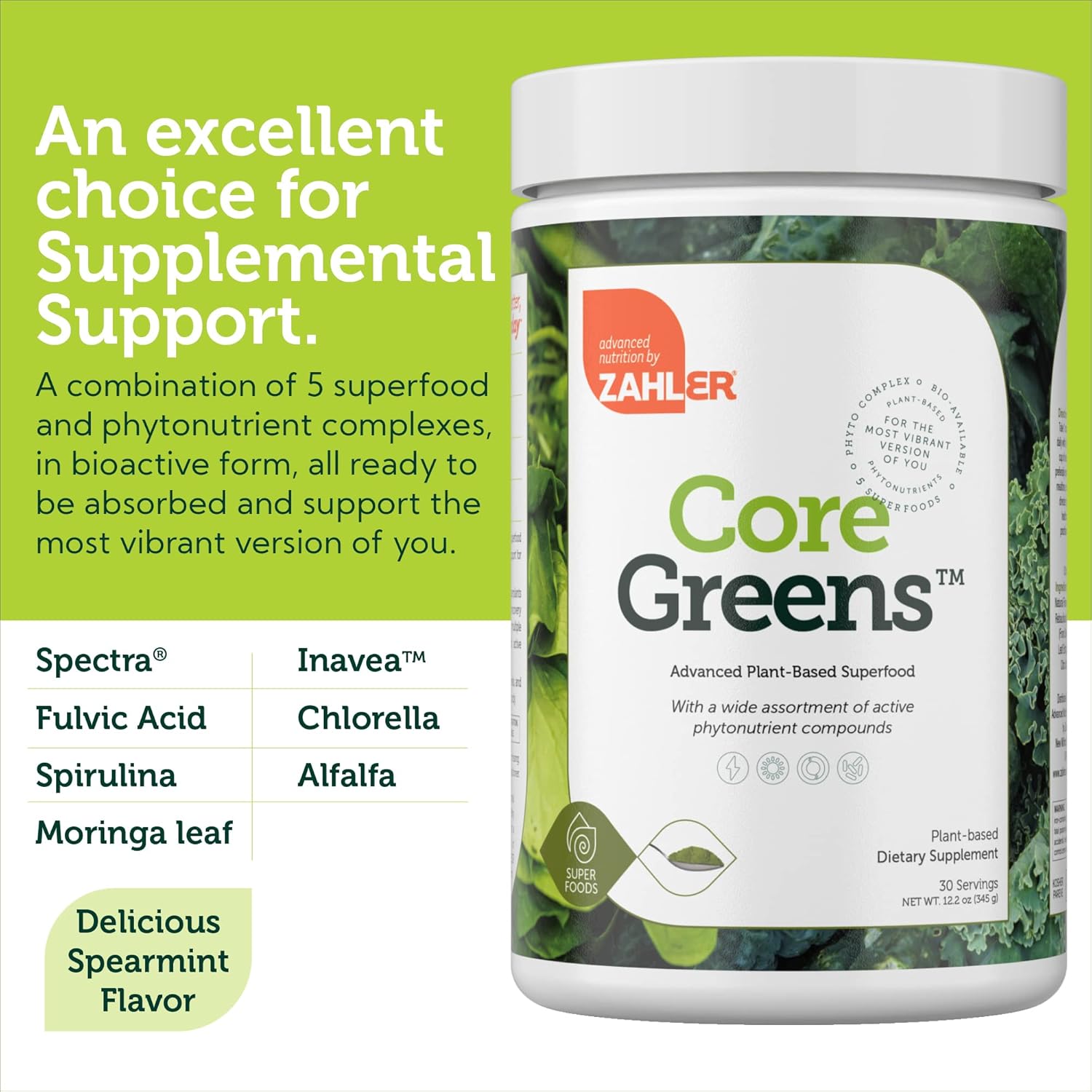 Zahler Core Greens Powder Nutrition Supplements - Superfood Powder - Super Green Juice & Smoothie Mix - Phytonutrient Rich With Spirulina, Chlorophyll & More - Kosher Superfood : Health & Household
