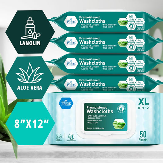 Med Pride 600 Count 8 X12 In Premoistened Disposable Wet Washcloths For Adults With Aloe & Lanolin Personal Cleansing Skincare Makeup Removal Travel
