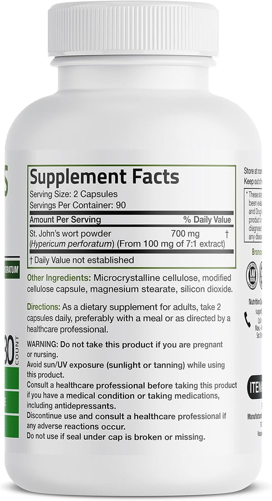 Bronson St. John'S Wort 700 Mg Per Serving Hypericum Perforatum Supports A Positive Mood - Non-Gmo, 180 Vegetarian Capsules