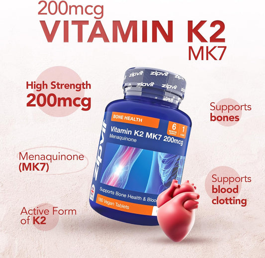 Zipvit Vitamin K2 Mk7 200Mcg, High-Strength, 6-Month Supply, 1-A-Day, 180 Tablets, Vegan Supplement For Heart Health & Strong Bones