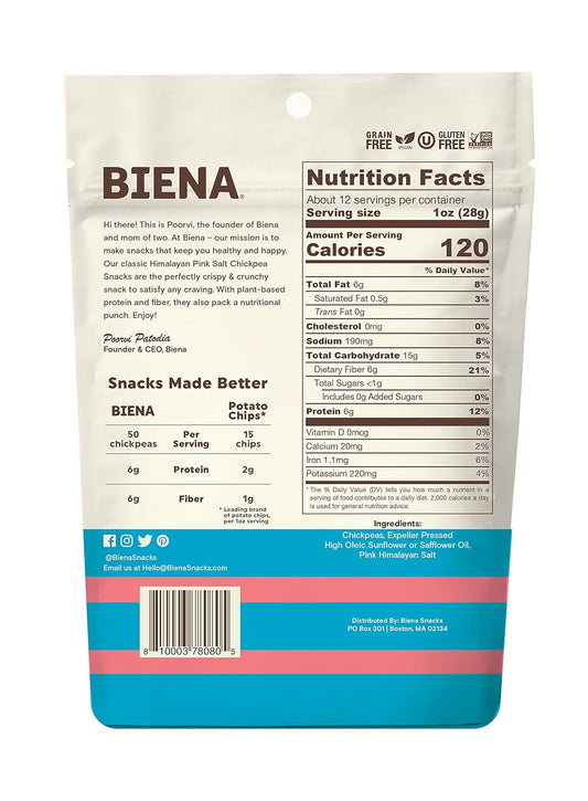 Biena Roasted Chickpea Snacks – Himalayan Salt, 1 Value Pack – Crispy Salted Chickpeas Loaded With Protein & Fiber - Delicious, Healthy Snacks For Adults And Kids