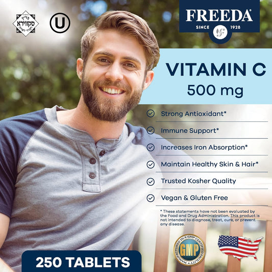 Freeda Vegan Vitamin C 500Mg โ Kosher Immune Support & Antioxidant โ Helps Maintain Healthy Skin & Hair, Supports Iron Absorption โ No Gluten, No Lactose, No Artificial Flavor Or Color โ 250 Tablets