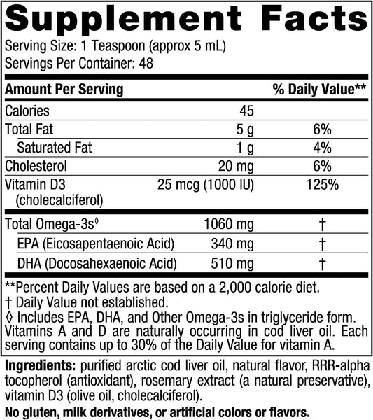 Nordic Naturals Arctic-D Cod Liver Oil, Lemon - 8 oz - 1060 mg Total Omega-3s + 1000 IU Vitamin D3 - EPA & DHA - Heart, Brain, Bone, Immune & Mood Support - Non-GMO - 48 Servings