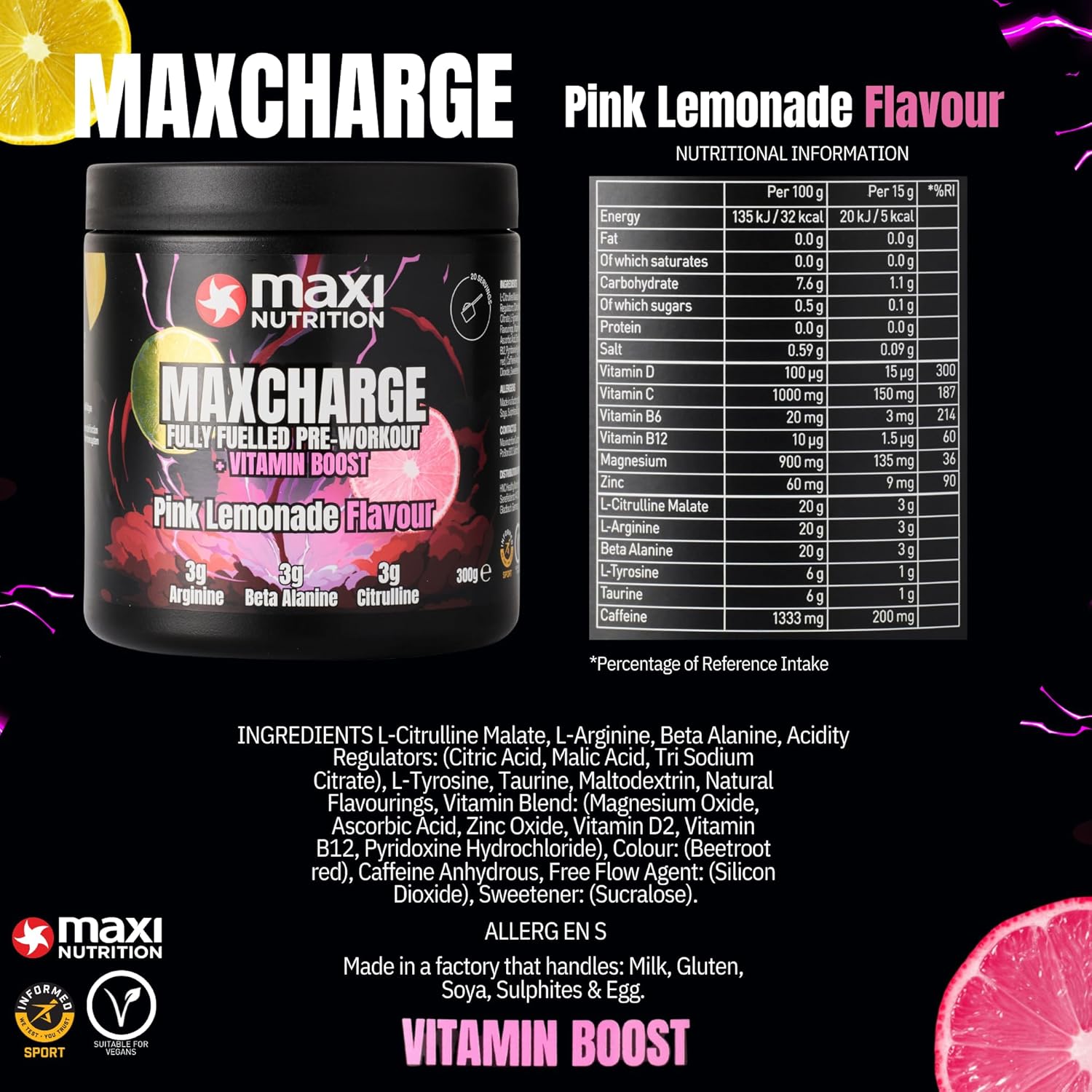 MaxiNutrition Max Charge Vitamin boosted Pre-Workout, Sugar-Free Energy and Performance Boosting Sports Drink for Endurance and Recovery, Berry Blast, 300g : Amazon.co.uk: Health & Personal Care