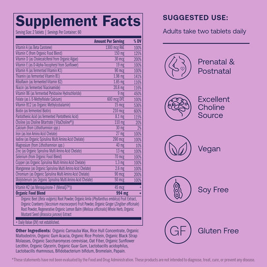 True Grace Prenatal Multivitamin Refill Pouch - 120 Vegan Tablets - Supports A Healthy Mom & Baby With Methylfolate & Choline For Fetal Brain Development - Gluten Free, Soy Free - 60 Servings