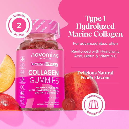 50Mg Marine Collagen Gummies - Hydrolysed Collagen Peptides With Hyaluronic Acid, Vitamin C & Biotin - More Convenient Than Collagen Powder - Collagen Supplements For Women - 60 Gummies - Novomins