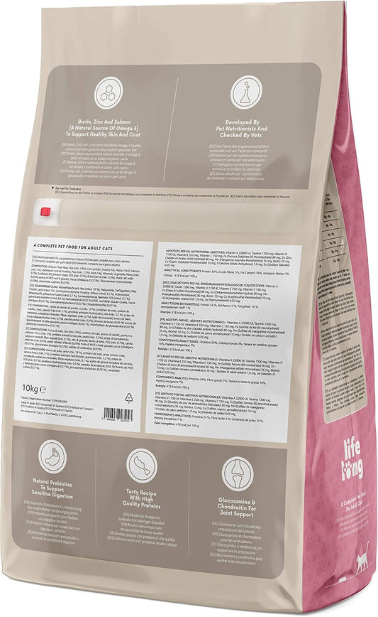 Amazon Brand - Lifelong - Complete Dry Cat Food With Salmon & Rice For Adult Cats, 1 Pack Of 10 KgEsp50062005