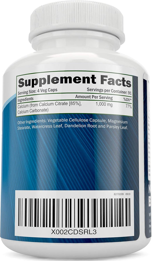 Calcium Citrate 1000Mg - 365 Vegan Capsules Not Tablets With Added Parsley, Dandelion And Watercress - Without Vitamin D - Made In The Usa By Purely Holistic