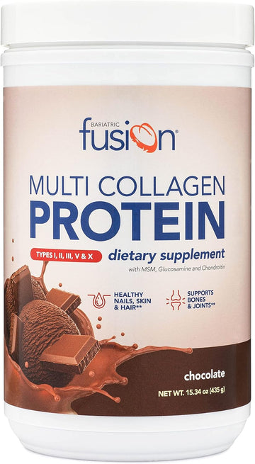 Bariatric Fusion Chocolate Multi Collagen Protein Powder | Hydrolyzed Collagen Peptides Powder Plus Joint Support Complex Of Msm And Glucosamine | Type 2 | Dairy, Gluten & Soy Free | 30 Servings