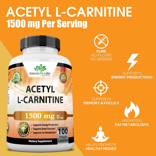 Acetyl L-Carnitine 1,500 Mg High Potency Supports Natural Energy Production, Sports Nutrition, Supports Memory/Focus - 100 Veggie Capsules
