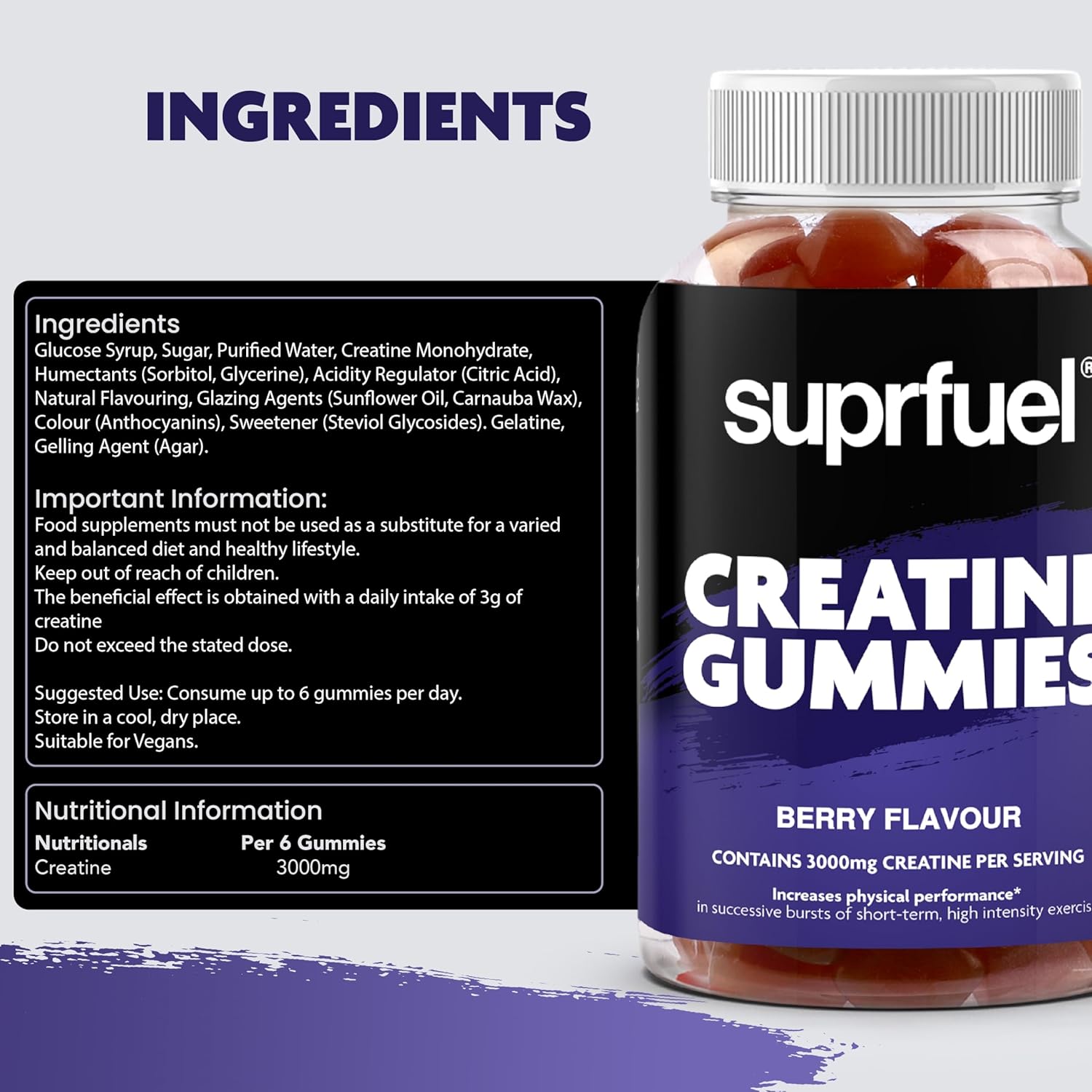 Suprfuel Creatine Gummies - 90 Vegan Berry Flavour Creatine Monohydrate Gummies - 3000mg Creatine Monohydrate Per Serving - Supports Physical Performance & Muscle Growth - Convenient & Delicious : Amazon.co.uk: Health & Personal Care