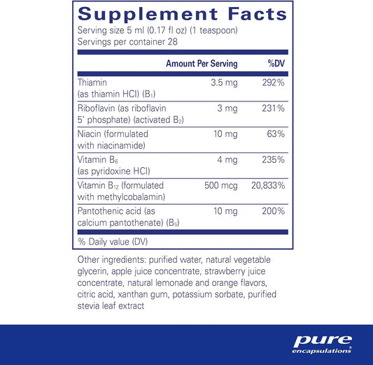 Pure Encapsulations B-Complex Liquid - Liquid Vitamin B Complex - For Nerve & Energy Metabolism* - Gluten Free & Vegetarian - 4.73 Oz (140 Ml)