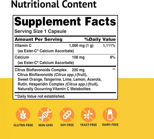 Ester-C American Health With Citrus Bioflavonoids Capsules - 24-Hour Immune Support, Gentle On Stomach, Non-Acidic Vitamin C - Non-Gmo, Gluten-Free - 1000 Mg, 90 Count