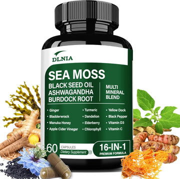 16-In-1 Organic Sea Moss Gel Alternative Capsules – Superfood Blend With Ashwagandha, Black Seed Oil, Turmeric, Bladderwrack, Burdock, Elderberry, Manuka, Dandelion, Yellow Dock, Vitamin C & D3