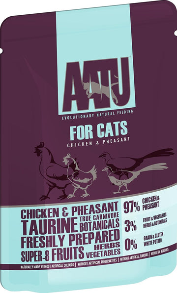 Aatu 97/3 Wet Cat Food - Chicken & Pheasant (10X85G) - Grain Free Recipe With No Artificial Ingredients - Easy Tear Pouches