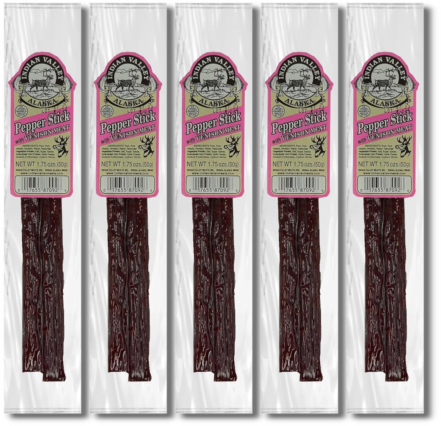 Indian Valley Venison Pepper Jerky Stick - 1.75Oz (5-Pack) - Authentic Alaskan Delicacy, On-The-Go Snack Hiking, Adventure Enthusiasts : Grocery & Gourmet Food