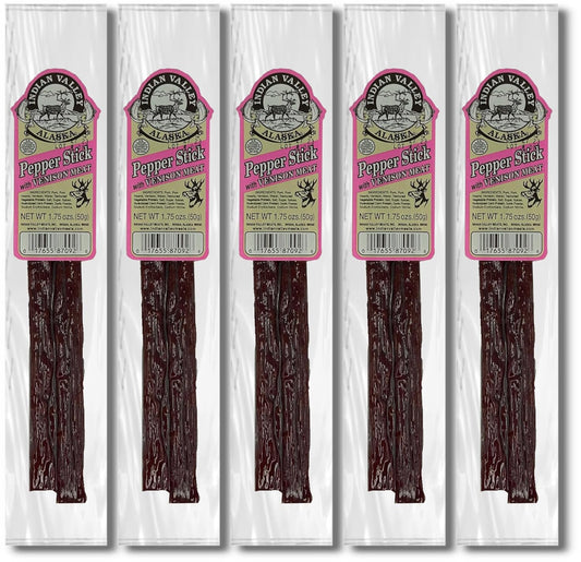 Indian Valley Venison Pepper Jerky Stick - 1.75Oz (5-Pack) - Authentic Alaskan Delicacy, On-The-Go Snack Hiking, Adventure Enthusiasts : Grocery & Gourmet Food