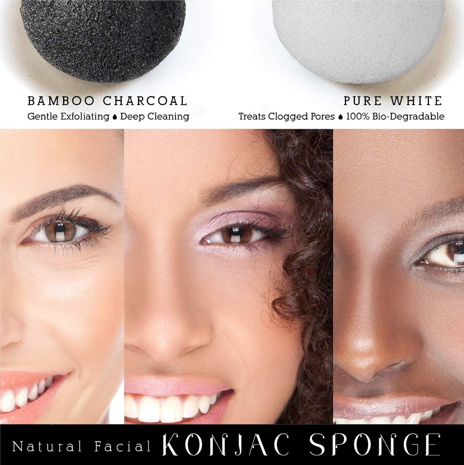 Pursonic Natural Konjac Bamboo Charcoal Facial Sponge For Gentle Face Cleansing And Exfoliation, Helps With Clogged Pores 100% Bio-Degradable,Vegan Products, 2- Pack : Beauty & Personal Care