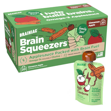 Brainiac Applesauce Pouches With Omega-3S, Apple Cinnamon, 20 Count, 3.2 Oz. – Unsweetened Applesauce With Immune Boosting Vitamin C, Omega-3S And Choline – Healthy Snacks For Kids For School, On-The-Go