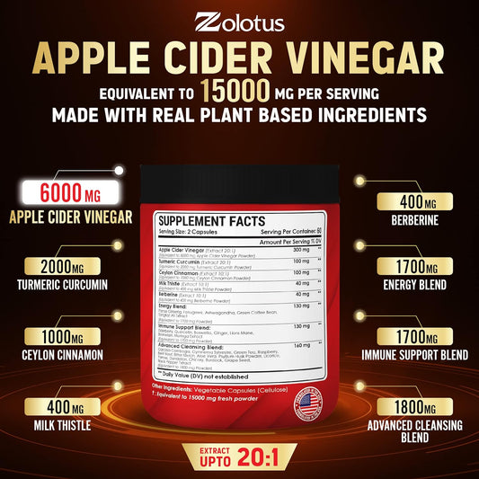 Zolotus 32 In 1 Apple Cider Vinegar Capsules, Equivalent To 15000Mg With Turmeric, Cinnamon, Milk Thistle, Elderberry, Quercetin, Best Supplement For Digestion, Immune 120 Capsules