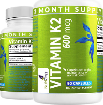 Nutrizing K2 Vitamin Supplement Mk-7 - High Strength 600Mcg - Supports Bone & Arterial Health - 90 Vegan Capsules - Vitamin K2 For Men & Women - 3 Month Supply