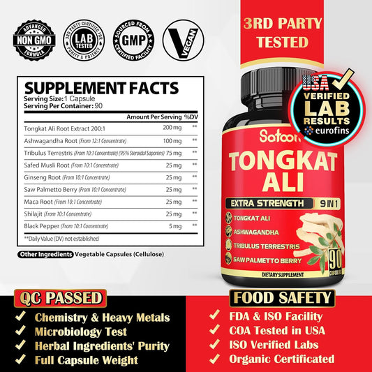 Satoomi Natural Tongkat Ali Root Extract 200:1 - 9 Essential Herbs Equivalent To 3450Mg - Support Strength, Energy And Healthy Immune - 1 Pack 90 Vegan Caps 3 Month Supply