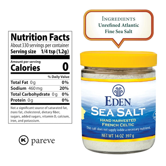 Eden Sea Salt, Hand Harvested French Celtic, Stone Ground (Fine), 82 Trace Minerals, Unrefined, Glass Jar, 14 Oz