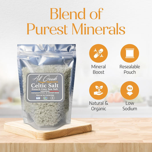 All Goods Mineral Celtic Salt 5Oz Coarse, Hand Harvested Celtic Salt Organic 82 Minerals Coarse, French Gray Celtic Salt.
