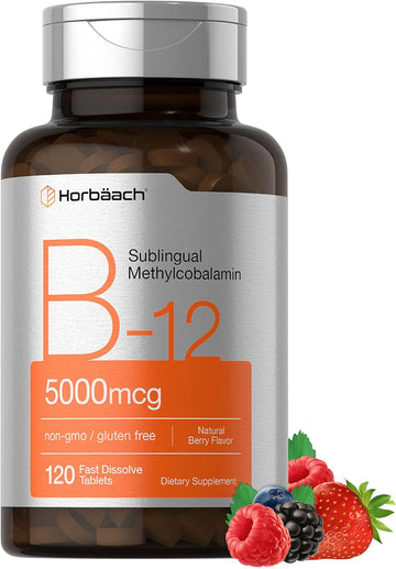 Horbäach B12 Sublingual Methylcobalamin | 5000Mcg | 120 Fast Dissolve Tablets | Vegetarian, Non-Gmo And Gluten Free Supplement
