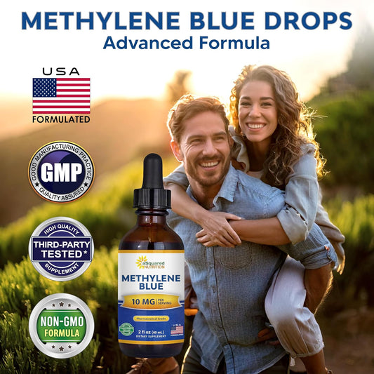 Asquared Nutrition Methylene Blue Drops - 1% Pharmaceutical Grade Liquid Supplement For Humans - 10Mg Usp Grade W/Vitamin C - No Formaldehyde - Brain & Energy Alternative To Capsules (2 Fl Oz)
