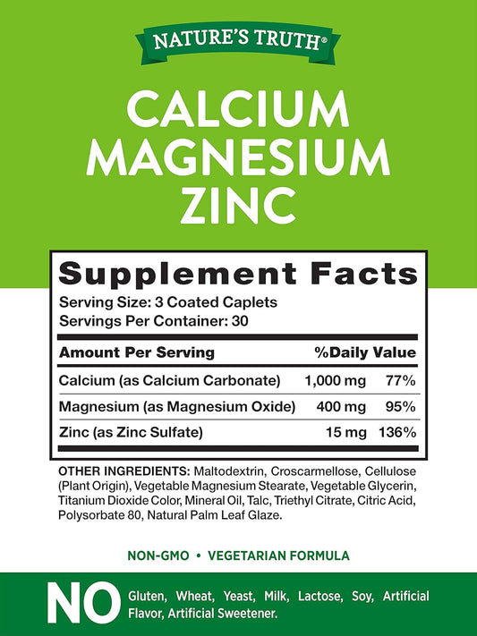 Calcium Magnesium Zinc Supplement | 90 Caplets | Non-Gmo And Gluten Free | By Nature'S Truth