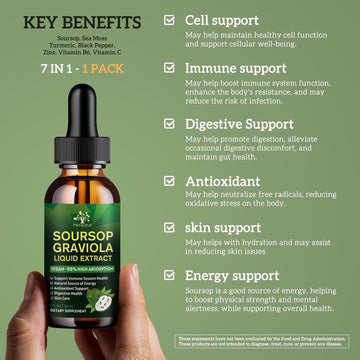 (1 Pack) Soursop Liquid Drops Plus Sea Moss Extract, Graviola Bitters Liquid Extract For Cell Support & Regeneration, Immune Boost, Liver And Sleep, Soursop Oil Herbal Goodness, 1 Fl Oz