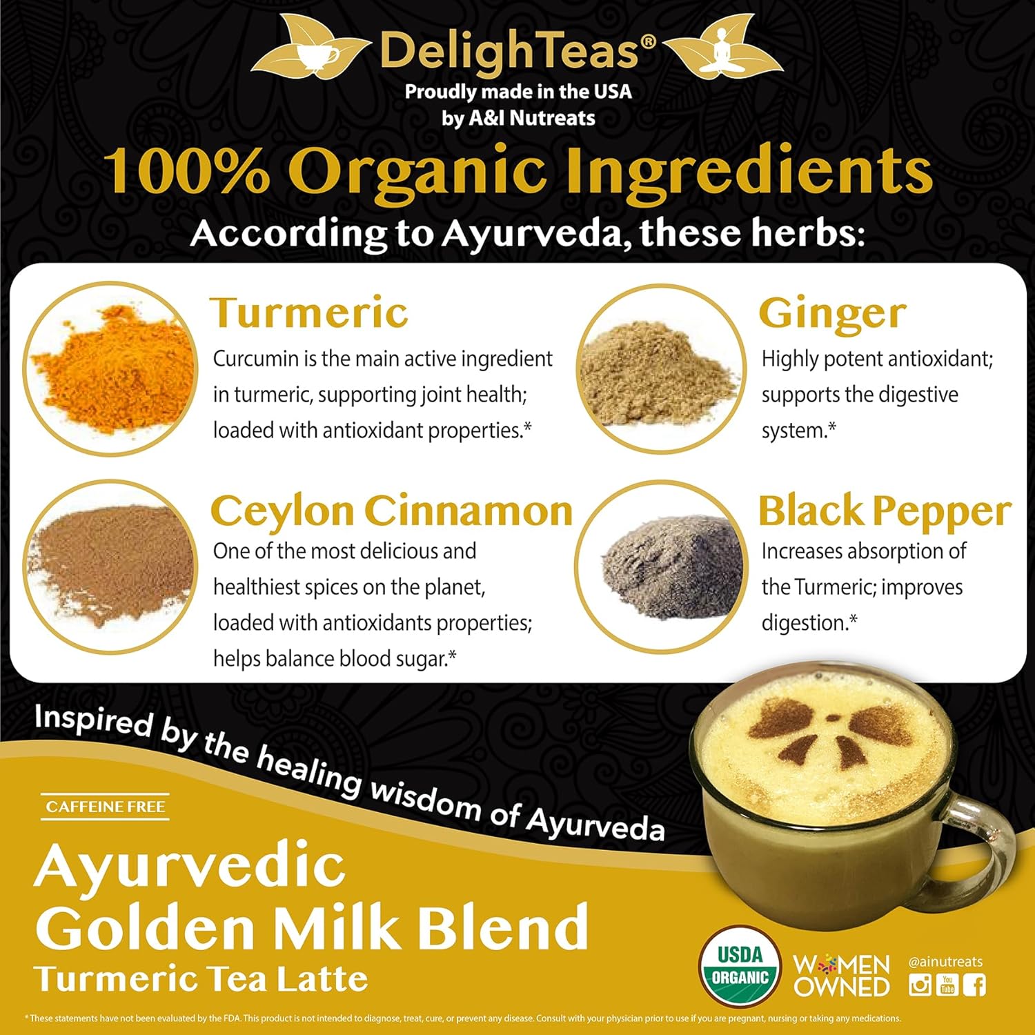 Delighteas Organic Golden Milk Powder With Turmeric, Ginger, Ceylon Cinnamon | Ayurvedic Spices For Golden Turmeric Latte | Unsweetened, Vegan, Non-Gmo, Keto | 120 Servings, 5 Oz