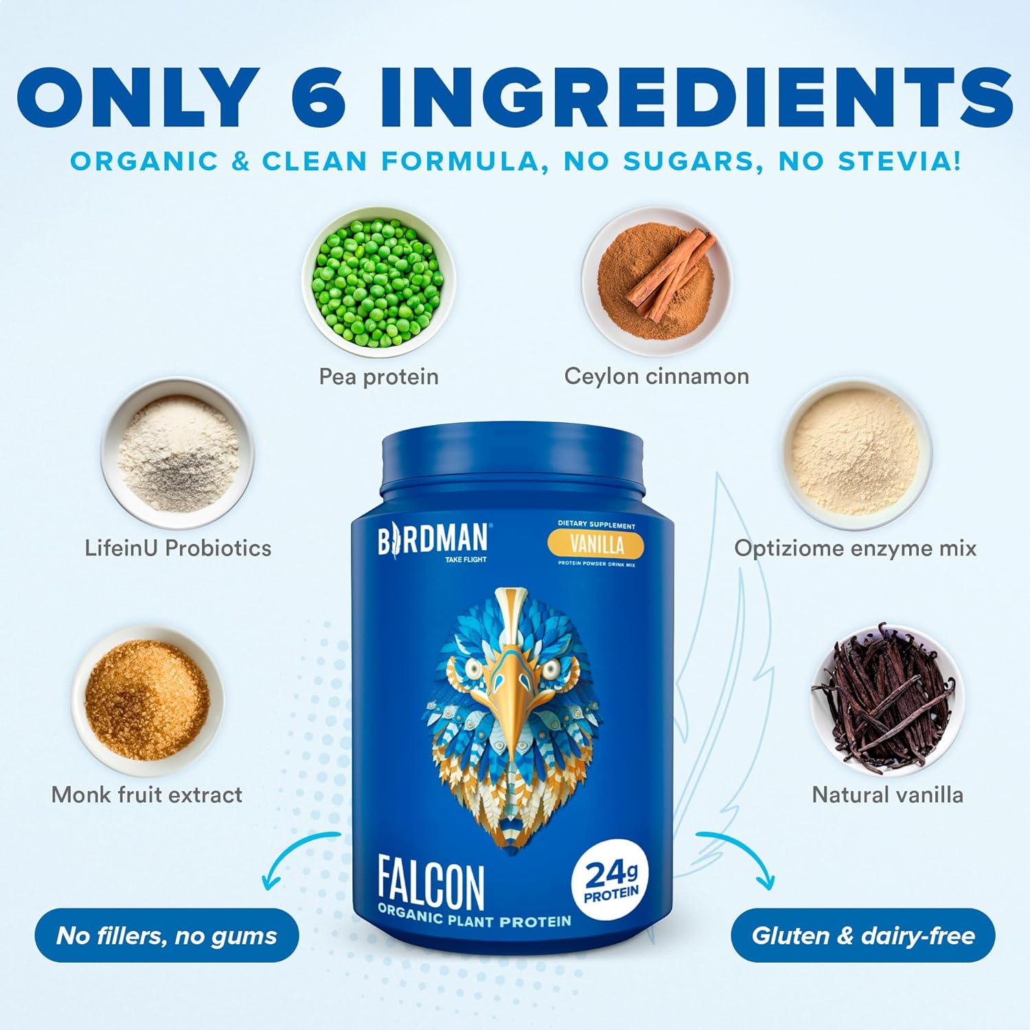 BIRDMAN Falcon Vegan Protein Powder Organic, Stevia & Sugar Free, Plant Based Protein, Low Carb, Dairy Free, Keto, Non Whey Protein, Probiotic, Pea Protein | Vanilla Flavor - 40 Servings - 2.64lb : Health & Household
