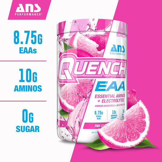 Quench Eaa Aminos + Electrolytes - Complete Blend Of 9 Eaas - 10G Total Amino Acids - Vitamins, Antioxidants, Electrolytes - Zero Sugar, Carbs, Calories (Pink Lemonade)