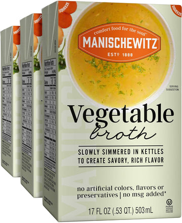 Manischewitz Aseptic Vegetable Broth 17Oz (3 Pack), Flavorful, Kettle Cooked, Slowly Simmered