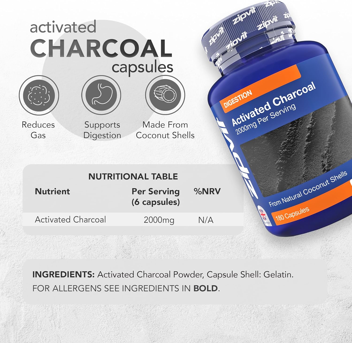 Zipvit Activated Charcoal Capsules 2000mg, Charcoal Tablets Alternative, Digestion Support Supplement, Helps Reduce Excessive Flatulence After Eating, 180 Vegan Capsules : Amazon.co.uk: Health & Personal Care