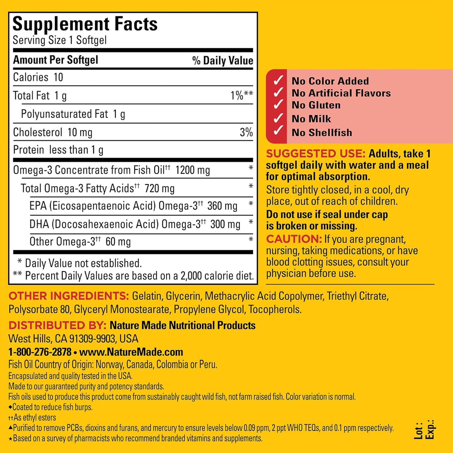 Nature Made Burp Less Omega 3 Fish Oil Supplements, 1200Mg, Epa Dha Omega 3 Supplement As Ethyl Esters, Fish Oil Softgels For Healthy Heart, Brain And Eyes Support, One Per Day, 120 Softgels : Health & Household