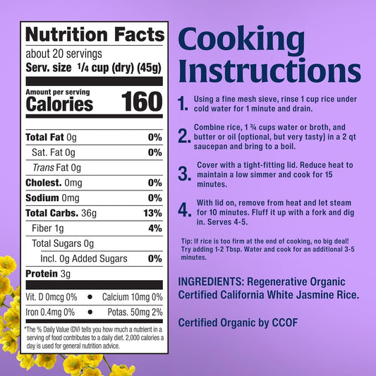 Lundberg Jasmine Rice, Regenerative Organic Certified, 6-Pack – Non-Sticky, Aromatic Long-Grain White Rice, Responsibly Grown In California, 32 Oz Ea