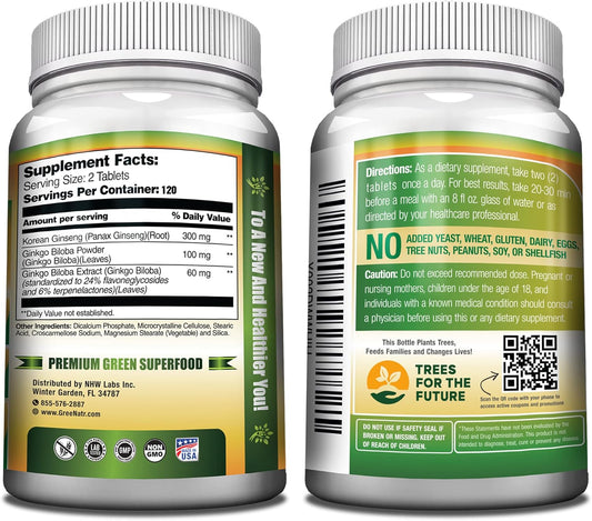 Ginko Biloba & Panax Ginseng Supplement - Red Ginseng Brain Supplement For Memory And Focus - Ginkgo Biloba Supplements For Good Vision, Immune System And Improved Blood Flow - 12 Bottles