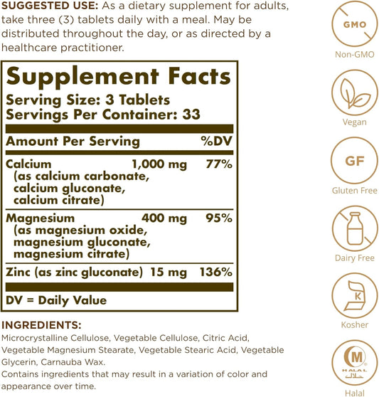 Solgar Calcium Magnesium Plus Zinc - 100 Tablets, Pack Of 2 - Promotes Healthy Bones, Supports Nerve & Muscle Function - Non-Gmo, Vegan, Gluten Free - Approx. 66 Total Servings
