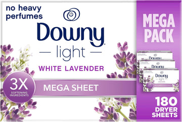 Downy Light Mega Dryer Sheets, Fabric Softener Dryer Sheets, White Lavender, 180 Count