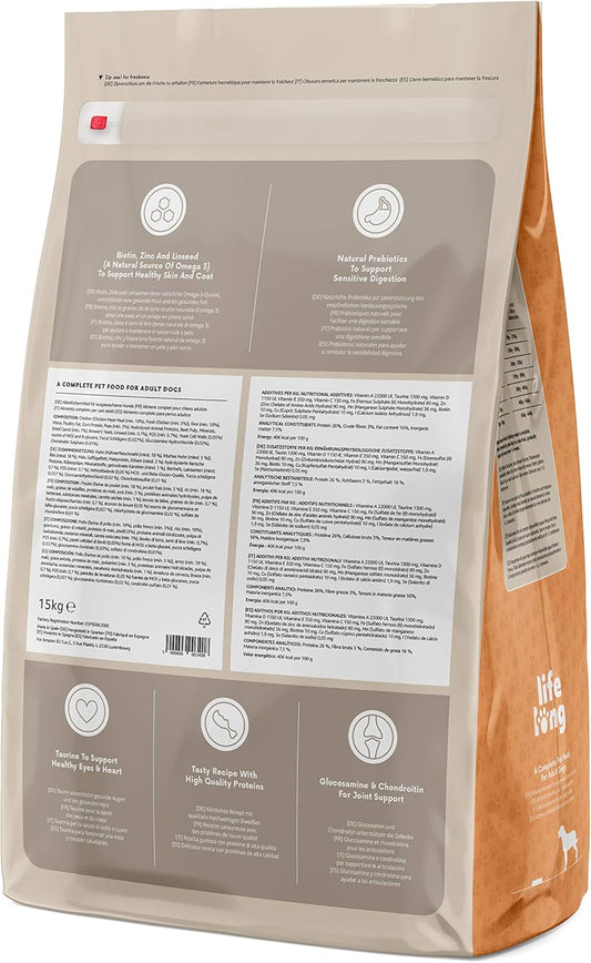 Amazon Brand - Lifelong - Complete Dry Dog Food Rich In Chicken & Rice For Medium And Large Breeds, 1 Pack Of 15KgEsp50062005
