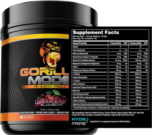 Gorilla Mode Pre Workout - Massive Pumps ร Laser Focus ร Energy ร Power - L-Citrulline, Creatine, L-Tyrosine, Betaine, Hydroprime, Alpha-Gpc, 400Mg Caffeine, Huperzine A - 812G (Cherry)