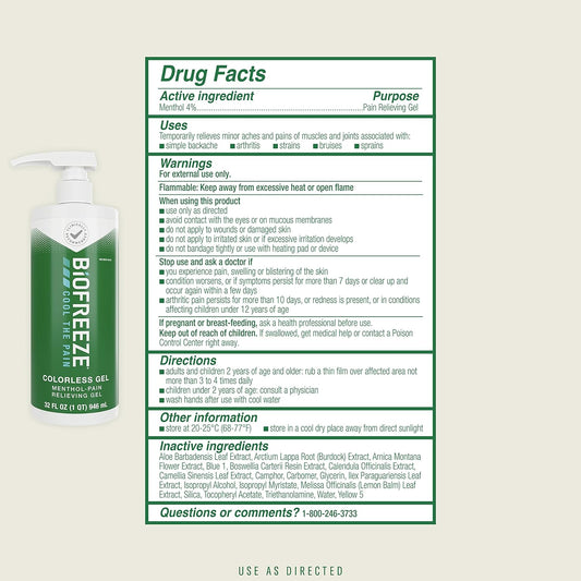 Biofreeze Pain Relief Gel, Arthritis Pain Reliver, Knee & Lower Back Pain Relief, Sore Muscle Relief, Neck Pain Relief, Pharmacist Recommended, Fsa Eligible, 32 Fl Oz Biofreeze Menthol Gel