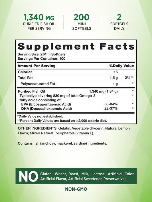 Nature'S Truth Fish Oil Omega 3 | 1340 Mg | 200 Mini Softgels | Burpless Lemon Flavor Pills | Non-Gmo & Gluten Free Supplement
